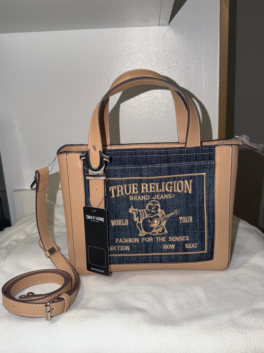 True Religion Beige and Denim Crossbody Satchel